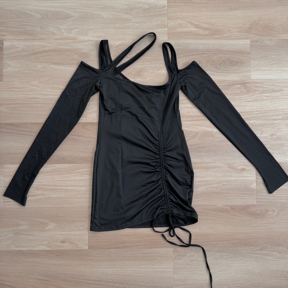 SOLADO Asymmetrical Neck Drawstring Ruched Mini Dress